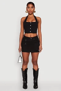 Womens Button Front Cropped Halter Top, Black, Size S