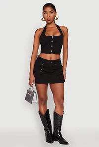 Womens Button Front Cropped Halter Top, Black, Size S