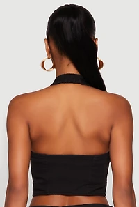 Womens Button Front Cropped Halter Top, Black, Size S