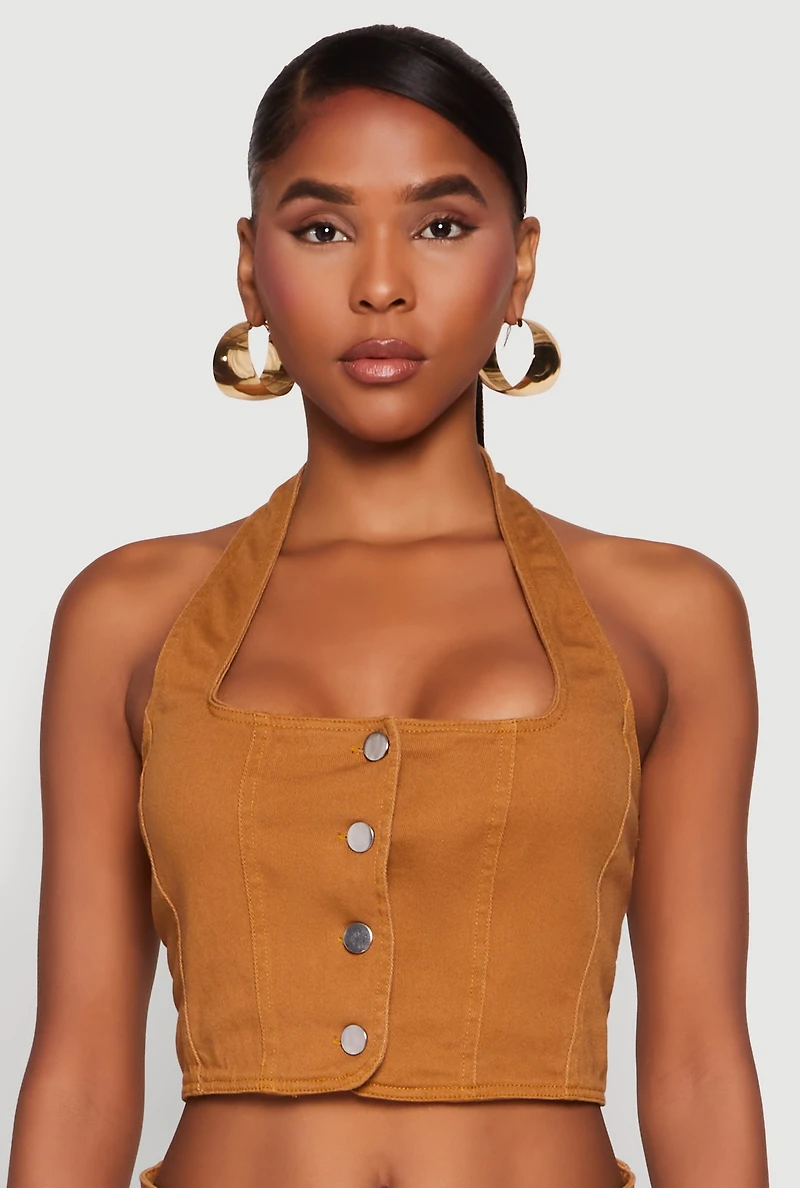 Womens Button Front Cropped Halter Top, Brown,