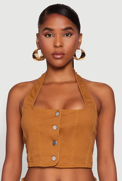 Womens Button Front Cropped Halter Top, Brown,