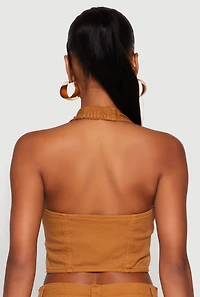 Womens Button Front Cropped Halter Top, Brown,