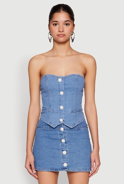 Womens Faux Pearl Denim Tube Top, Blue, Size M