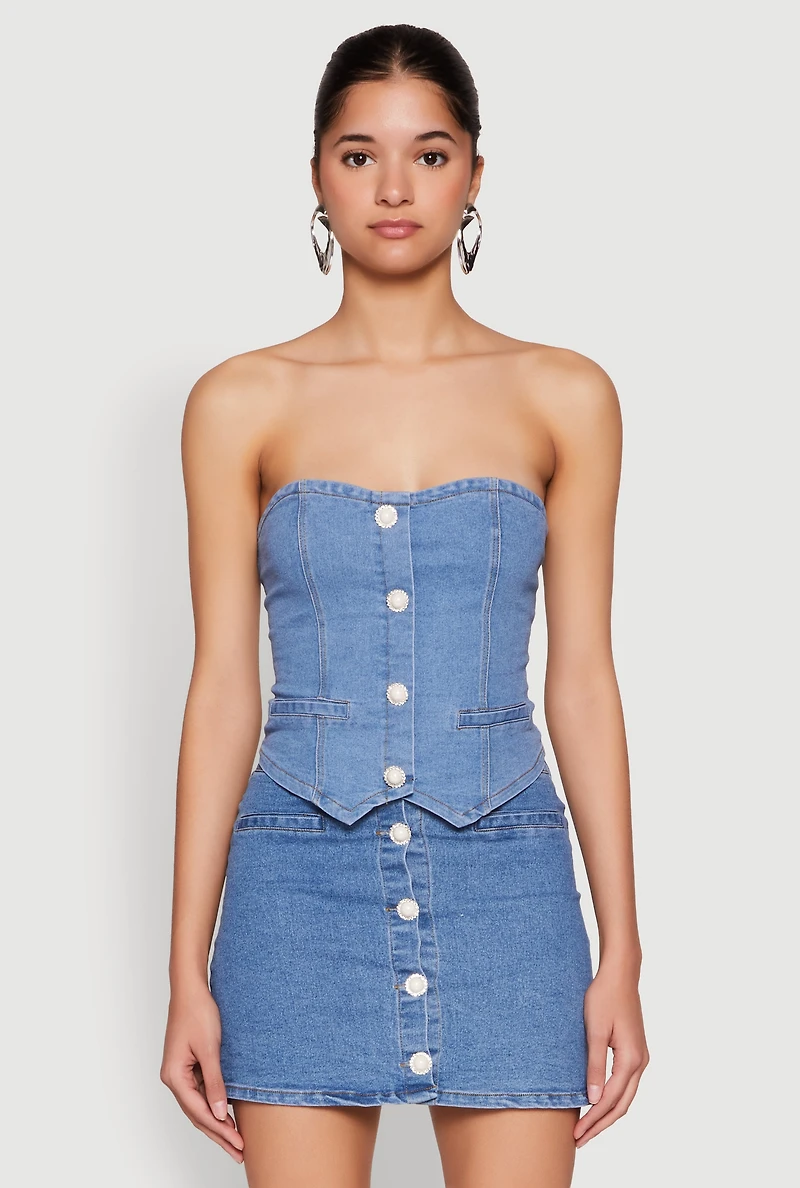 Faux Pearl Denim Tube Top