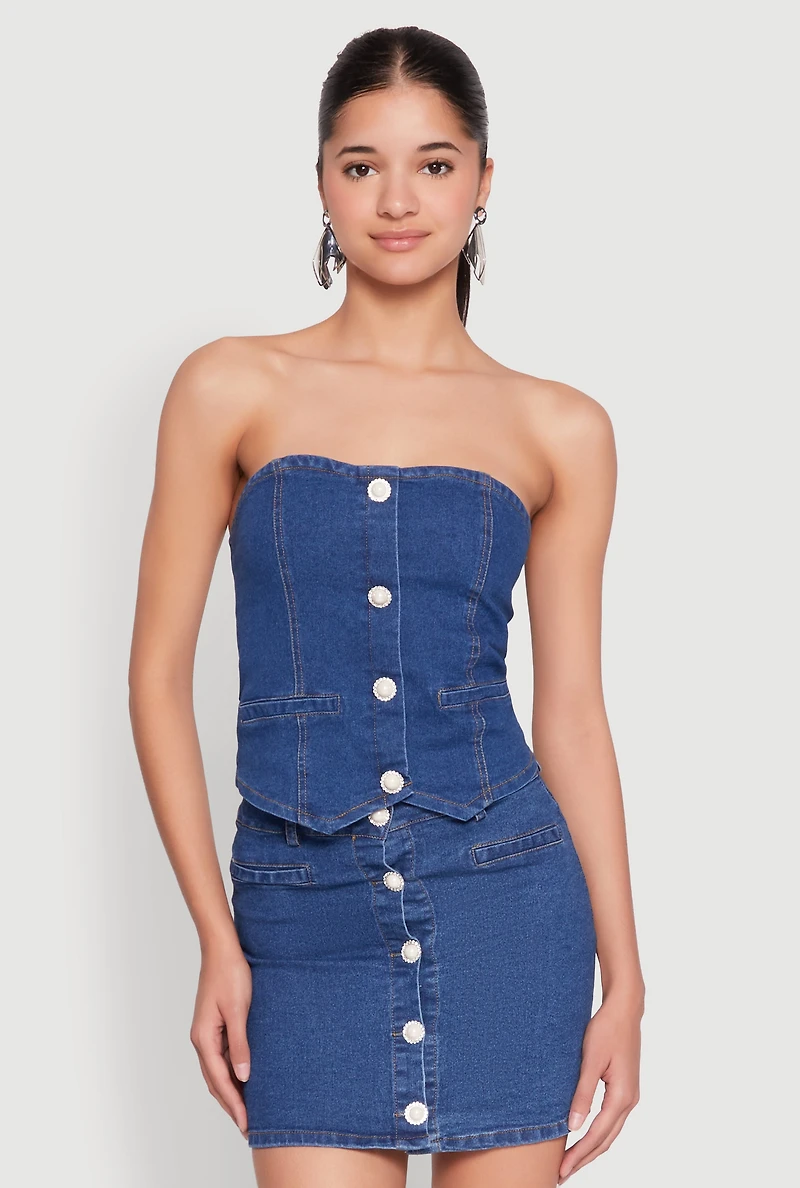 Faux Pearl Denim Tube Top