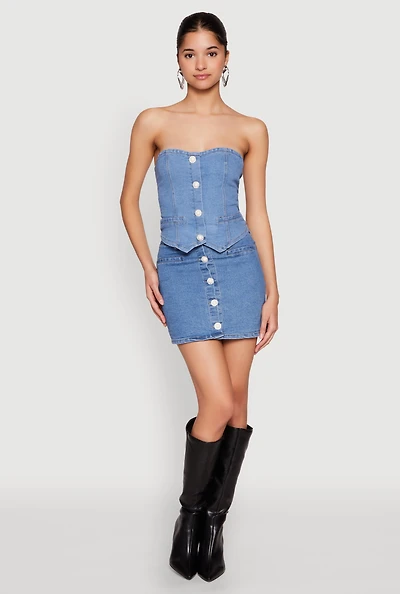 Womens Faux Pearl Button Front Denim Skirt, Blue, Size M
