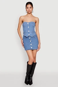 Faux Pearl Button Front Denim Skirt