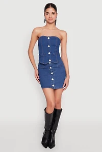 Faux Pearl Button Front Denim Skirt