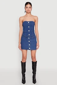 Faux Pearl Button Front Denim Skirt