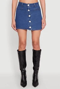 Womens Faux Pearl Button Front Denim Skirt, Blue, Size L