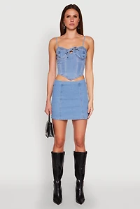 Womens Denim Tie Front Bustier Top, Blue,