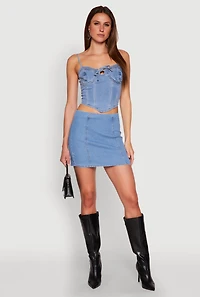 Womens Denim Tie Front Bustier Top, Blue,