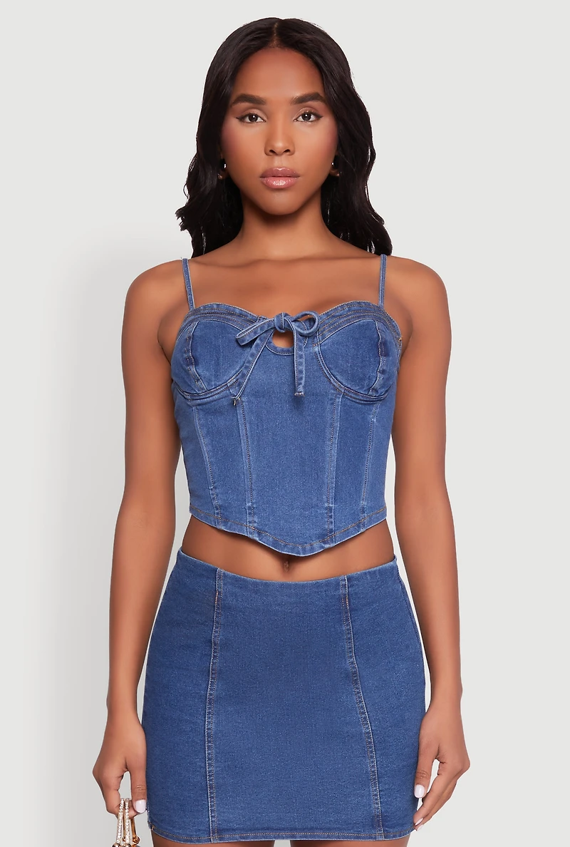 Womens Denim Tie Front Bustier Top, Blue,