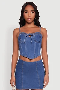 Womens Denim Tie Front Bustier Top, Blue,