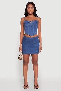 Womens Denim Tie Front Bustier Top, Blue,