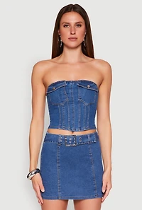 Womens Denim Pocket Corset Tube Top, Blue, Size M