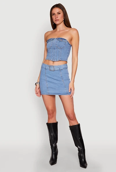 Womens Zip Back Belted Front Denim Mini Skirt, Blue,