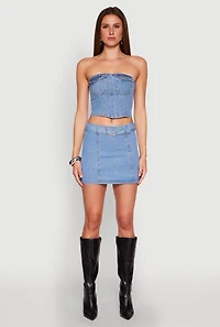 Womens Zip Back Belted Front Denim Mini Skirt, White, Size M