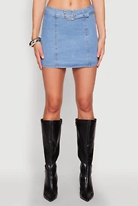 Womens Zip Back Belted Front Denim Mini Skirt, White, Size M