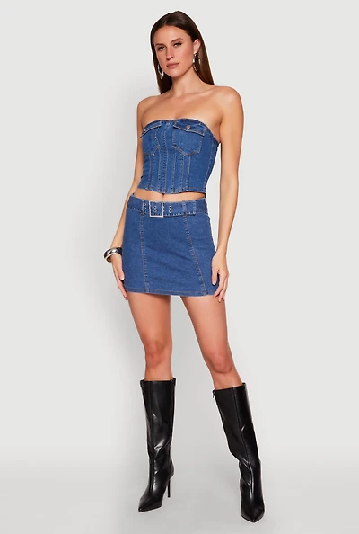 Womens Zip Back Belted Front Denim Mini Skirt, Blue, Size M