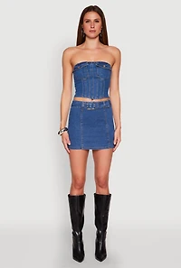 Womens Zip Back Belted Front Denim Mini Skirt, Blue, Size L