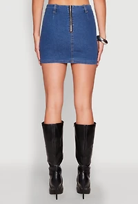 Womens Zip Back Belted Front Denim Mini Skirt, Blue, Size L