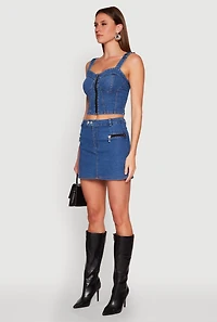 Womens Denim Zip Front Bustier Top, Blue, Size S