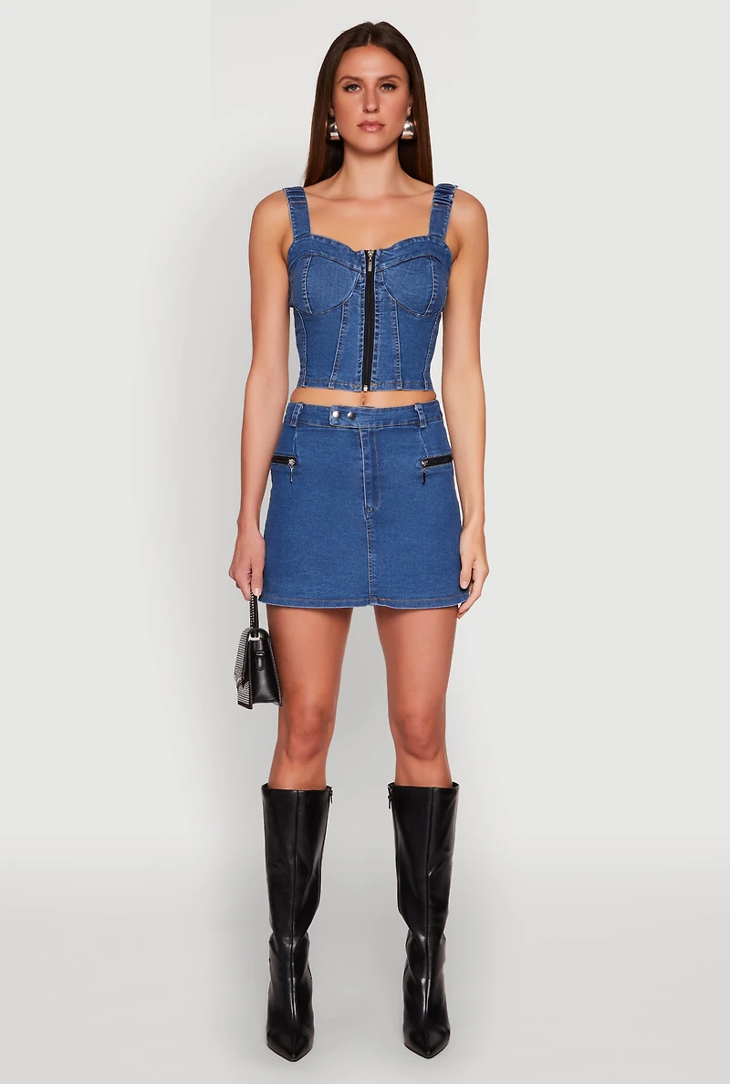 Womens Zip Detail Mini Denim Skirt, Blue, Size M
