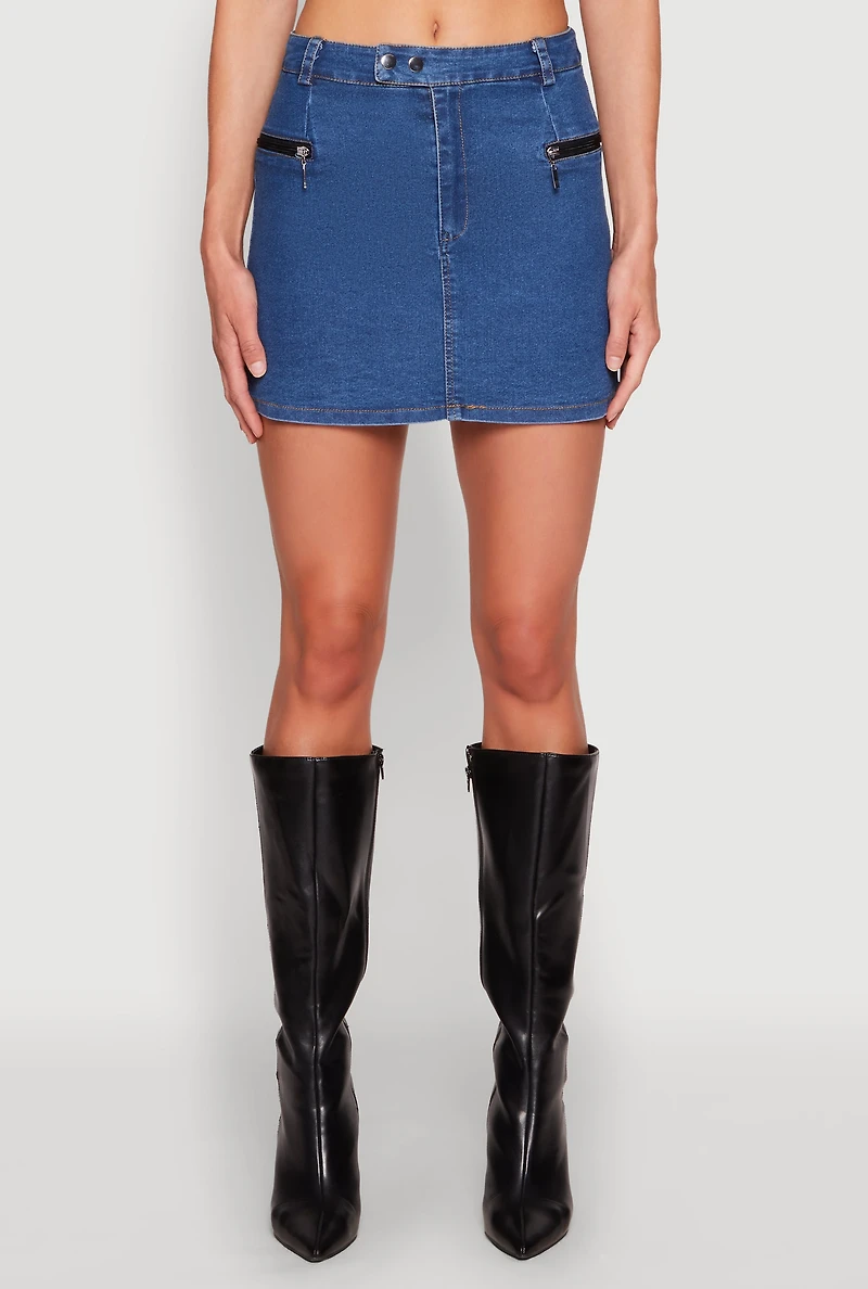 Womens Zip Detail Mini Denim Skirt, Blue, Size M