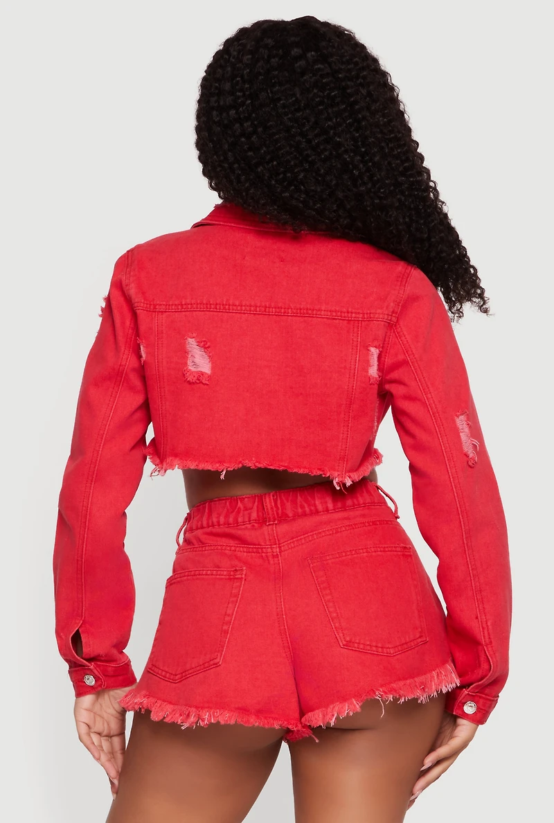 Distressed Raw Hem Cropped Jean Jacket