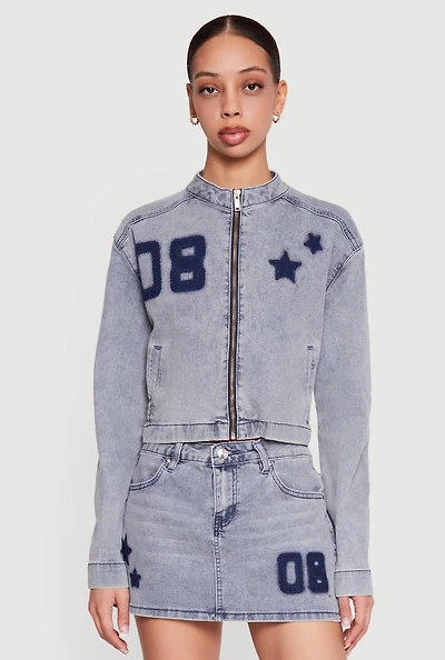 Almost Famous Acid Wash Denim Graphic Zip Front Jacket