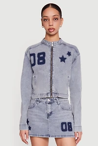 Almost Famous Acid Wash Denim Graphic Zip Front Jacket