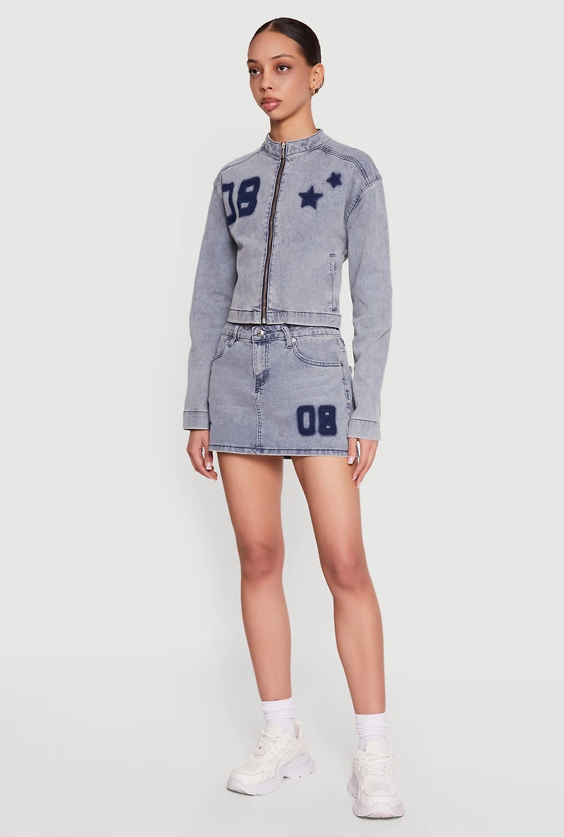 Almost Famous Acid Wash Denim Graphic Zip Front Jacket