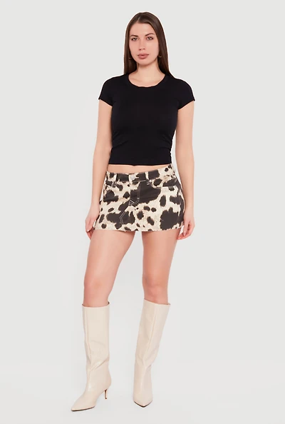 Cow Print Raw Hem Mini Skirt