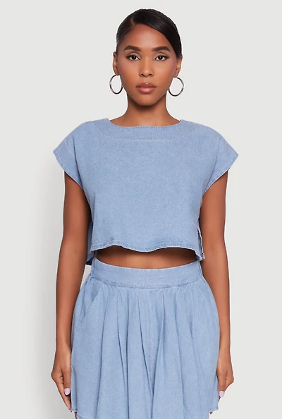 Womens Denim Side Slit Boxy Crop Top, Blue, Size S