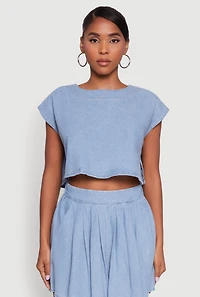 Womens Denim Side Slit Boxy Crop Top, Blue, Size S