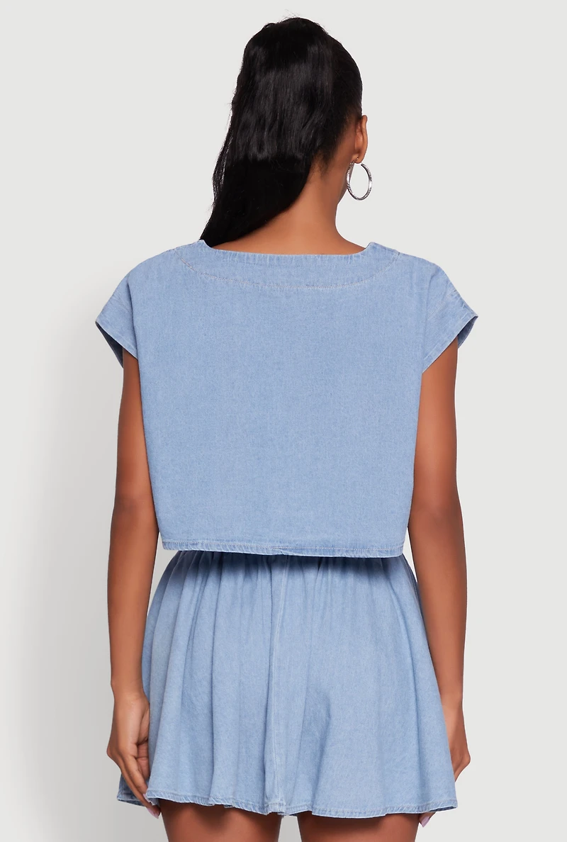 Womens Denim Side Slit Boxy Crop Top, Blue, Size M