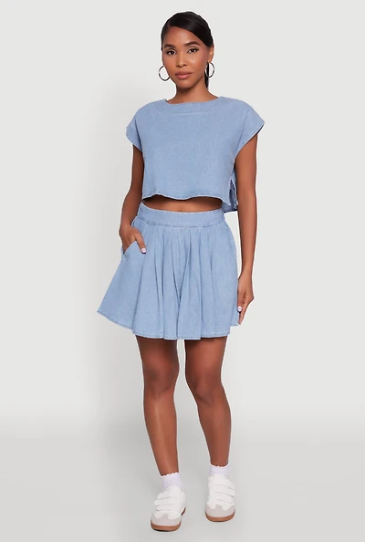 Trendy Denim High Waisted Mini Pleated Skirt