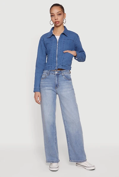 Denim Long Sleeve Collared Zip Front Jacket