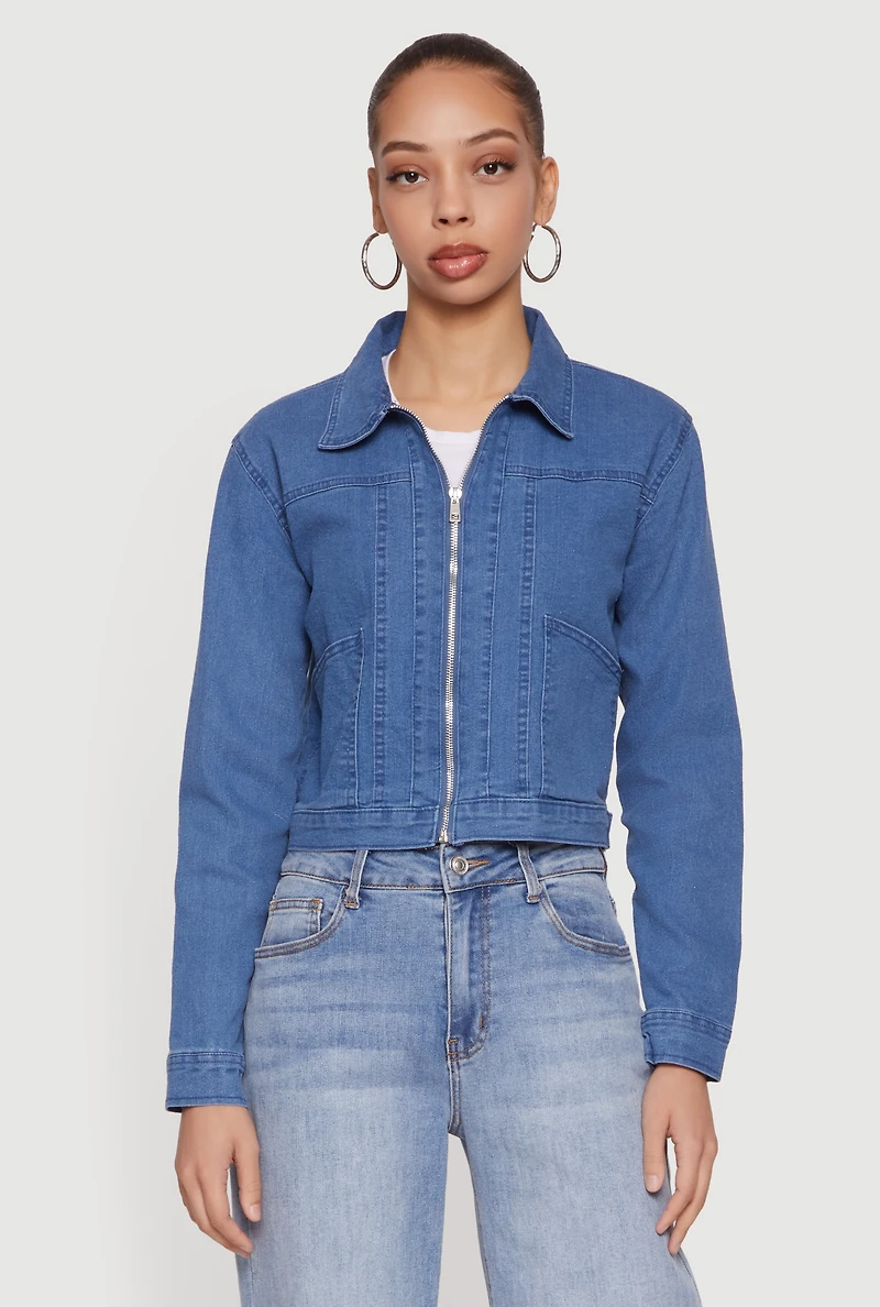 Denim Long Sleeve Collared Zip Front Jacket