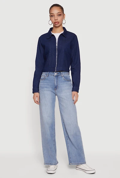 Denim Long Sleeve Collared Zip Front Jacket