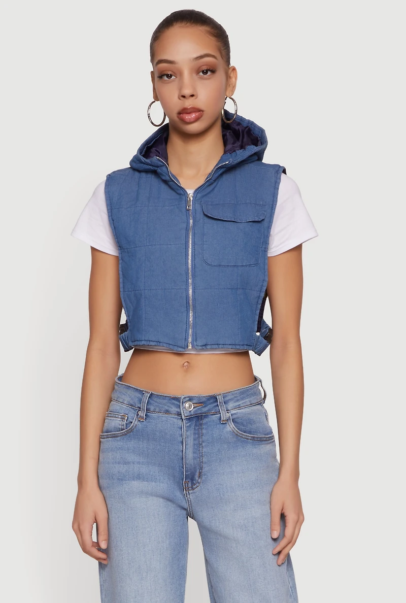 Hooded Side Buckle Detail Zip Front Vest