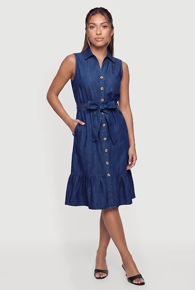 Chambray Sleeveless Tie Waist Belted Tiered Midi Dress