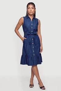 Chambray Sleeveless Tie Waist Belted Tiered Midi Dress