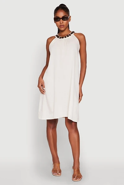 Wood Trim Detail Linen Shift Dress