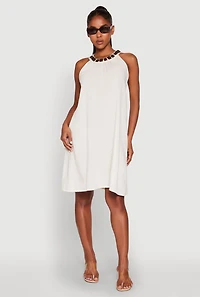 Wood Trim Detail Linen Shift Dress