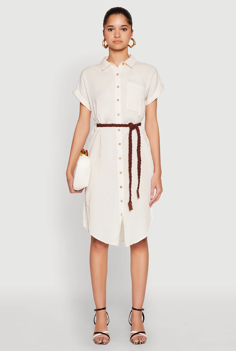 Womens Linen Cap Sleeve Button Front Shirt Dress, Beige, Size M
