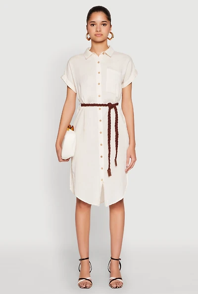 Womens Linen Cap Sleeve Button Front Shirt Dress, Beige, Size M