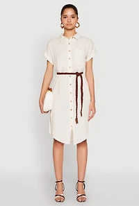 Linen Cap Sleeve Button Front Shirt Dress