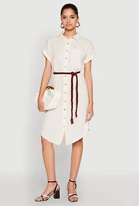 Womens Linen Cap Sleeve Button Front Shirt Dress, Beige, Size M